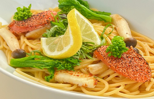 菜の花とイカの明太パスタ